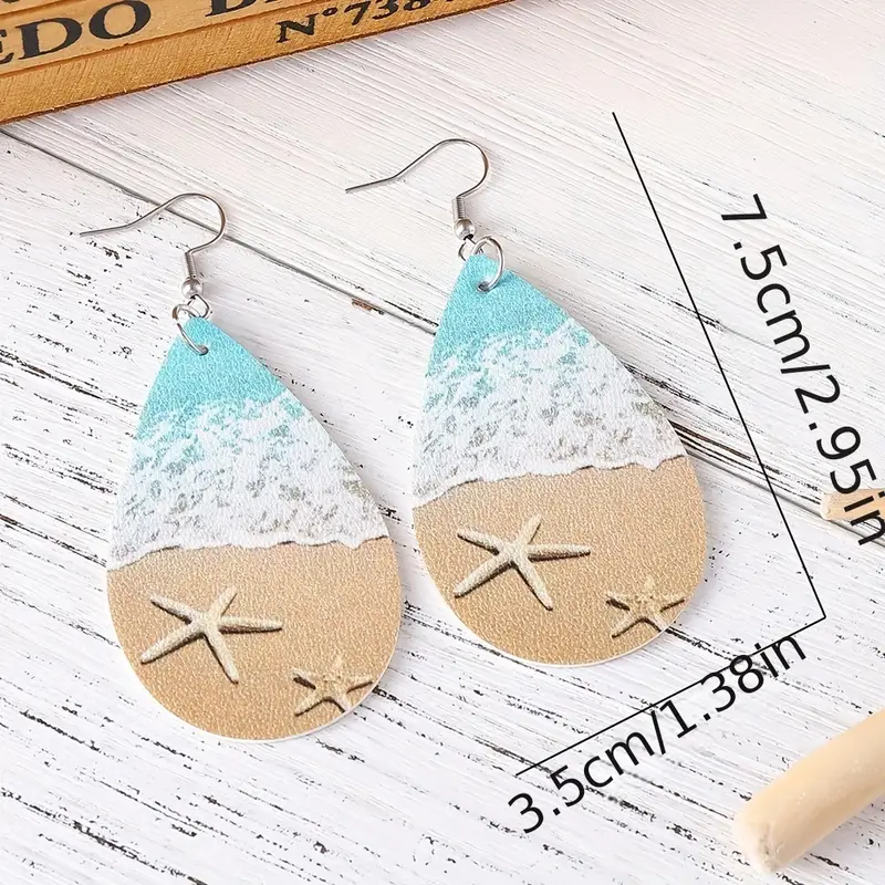 Vacation Ocean Beach Sea Wave Starfish Ladies PU Double-sided Water Drop Dangle Earrings