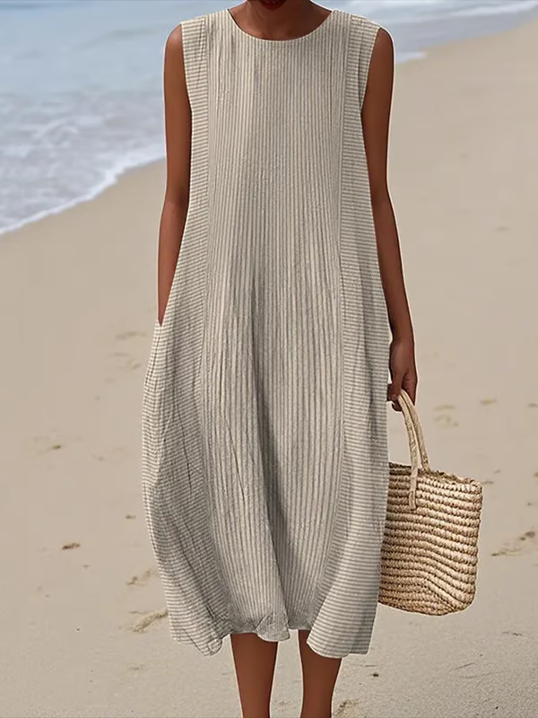 Women's Pinstripes Pattern Print Sleeveless Cotton Pocket Wrap Dress