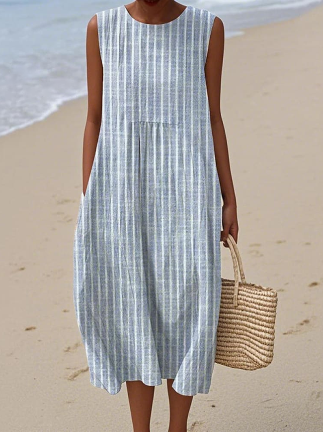 Women's Casual Elegant Pattern Print Sleeveless Cotton Pocket Wrap Dress