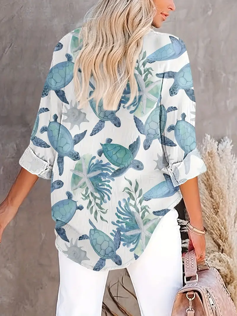 Women'S Vintage-Inspired Turtle Print Casual Button-Up Shirt - Long Sleeve