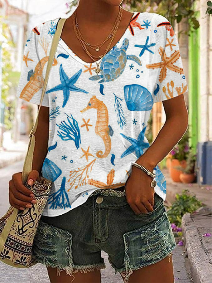 Women's Hawaiian Turtle Print Casual V-Neck T-Shirt