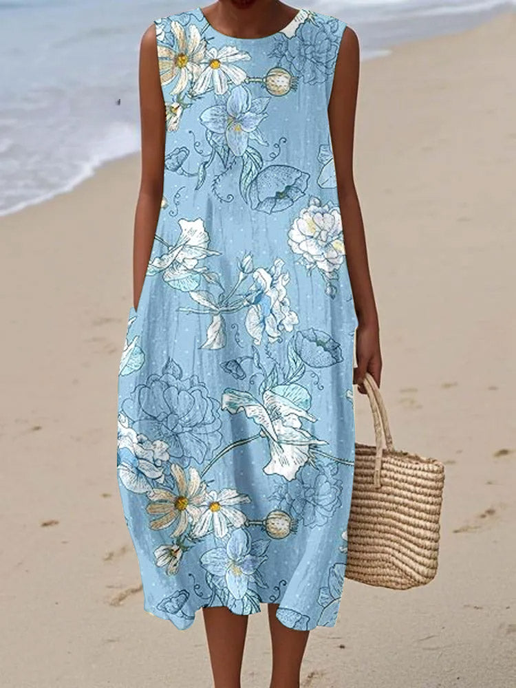 Women's Elegant Flower Print Sleeveless Cotton Pocket Wrap Dress