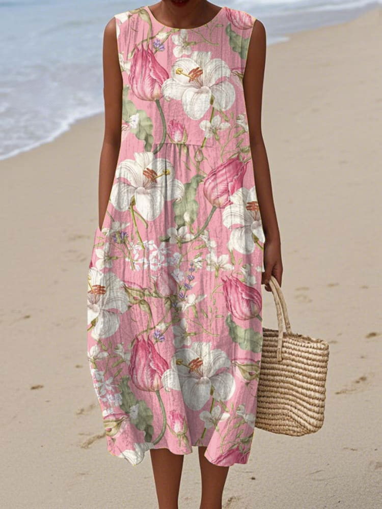 Women's Casual Rose Pattern Print Sleeveless Cotton Pocket Wrap Dress