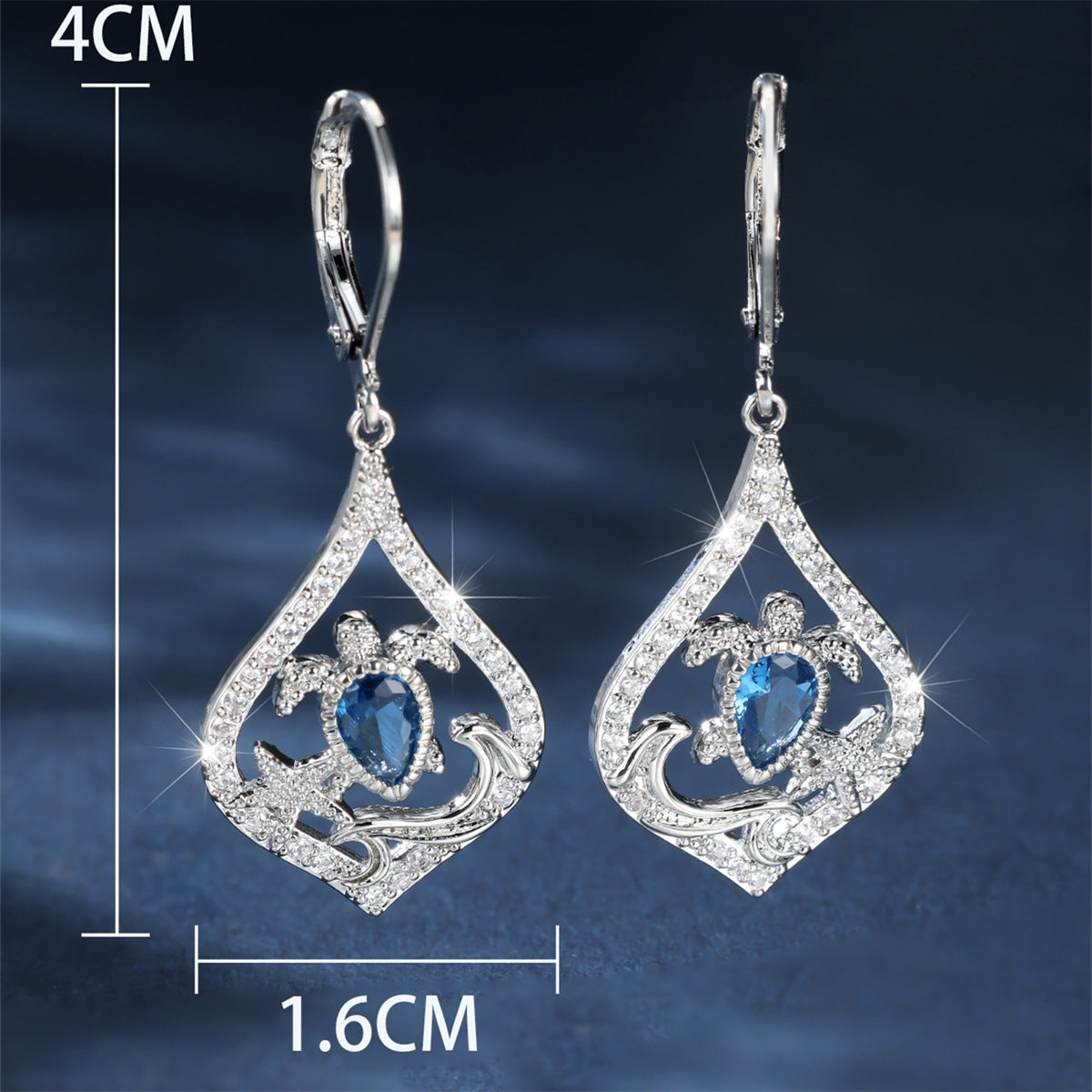 Blue Diamond Teardrop Turtle Earrings