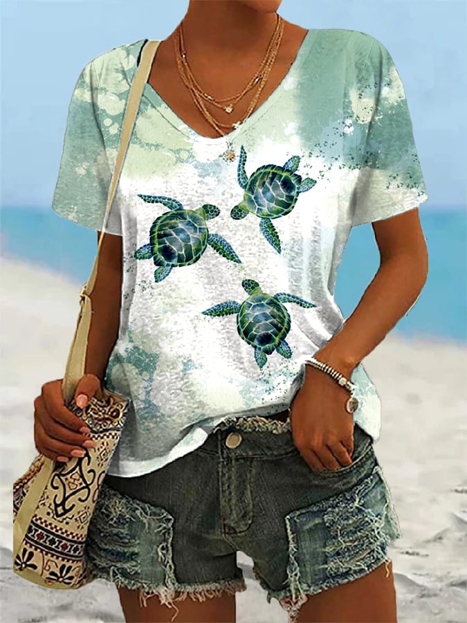 🔥Buy 3 Get 10% Off🔥Women's Vacation Turtle Print Casual T-Shirt