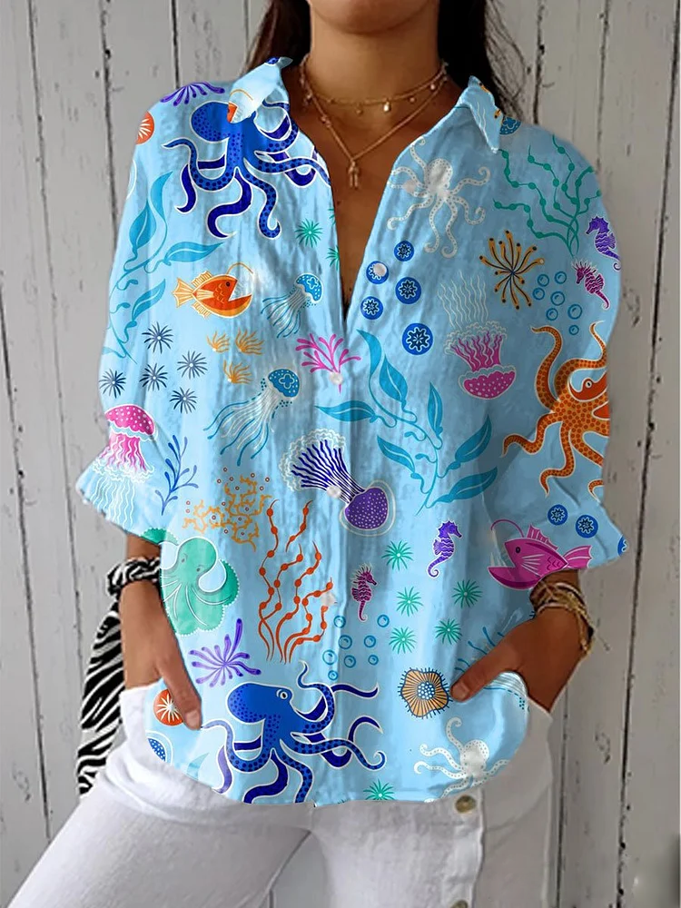 Women's Funny Ocean Octopus Art Print Casual Linen V-neck Shirt