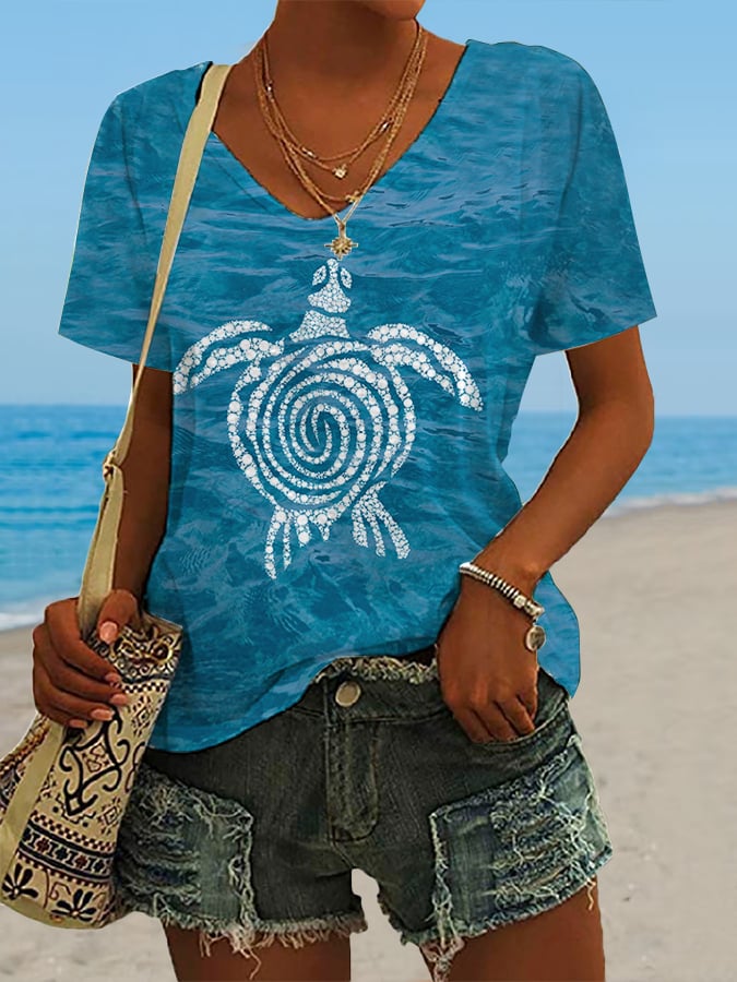 🔥Buy 3 Get 10% Off🔥Women's Hawaiian Turtle Print Casual V-Neck T-Shirt