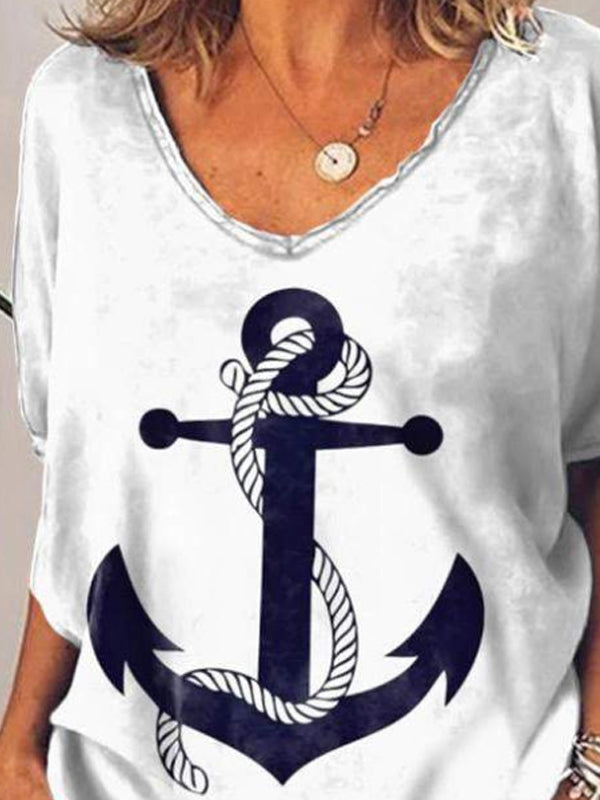 Anchor Print V-neck Striped T-shirt