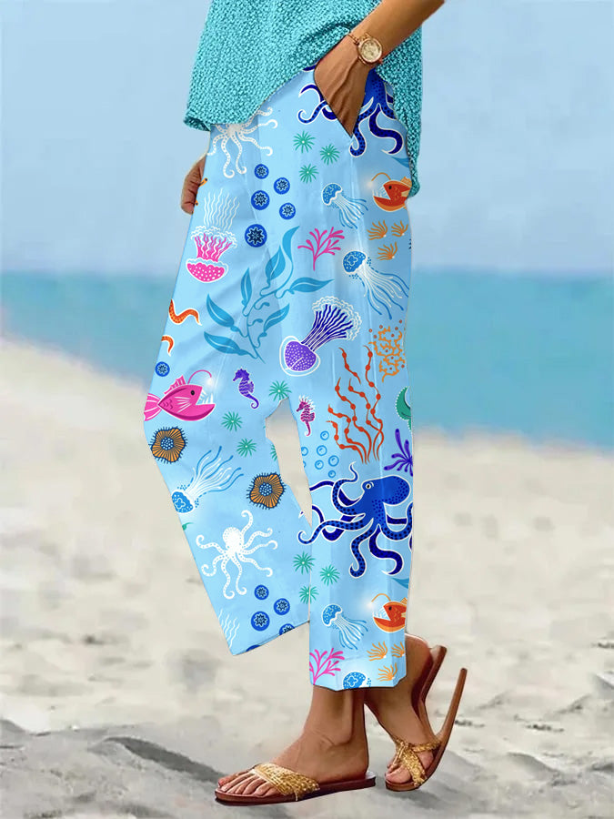 Women's Funny Ocean Octopus Art Print Pattern Loose Casual Pants (With Pockets)