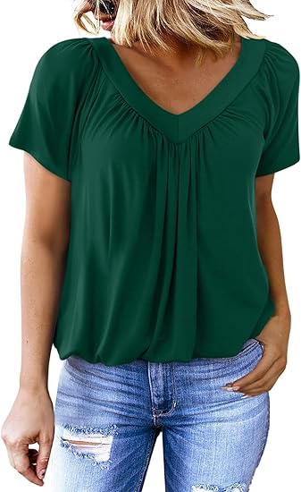 Women's Casual Pleated V-Neck Short-Sleeve Top