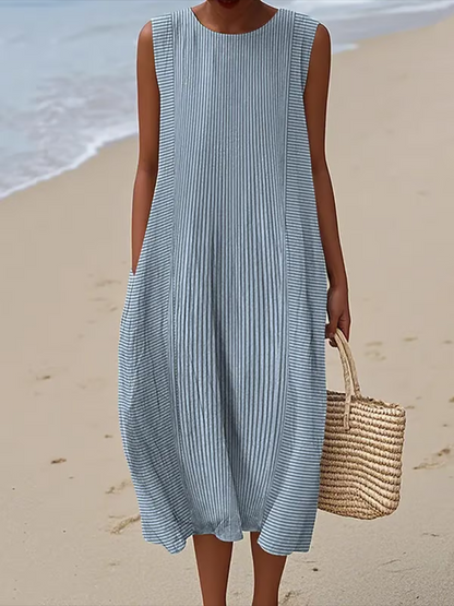 Women's Pinstripes Pattern Print Sleeveless Cotton Pocket Wrap Dress