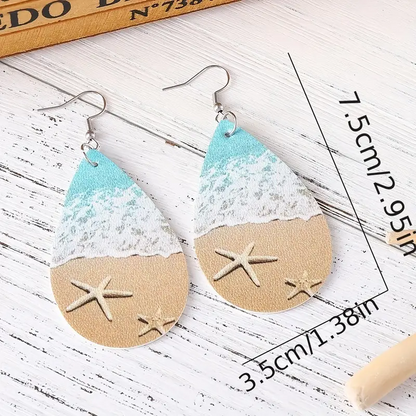 Vacation Ocean Beach Sea Wave Starfish Ladies PU Double-sided Water Drop Dangle Earrings