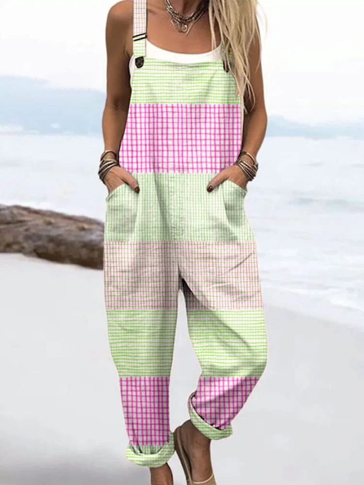 Women'S Holiday Style Seaside Fresh Striped Print Casual Cotton Wide-Leg Jumpsuit