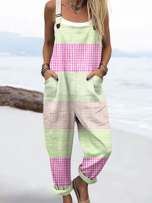 Women'S Holiday Style Seaside Fresh Striped Print Casual Cotton Wide-Leg Jumpsuit