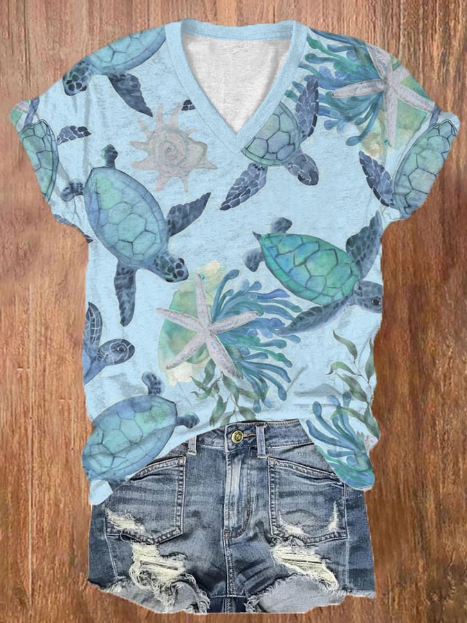 🔥Buy 3 Get 10% Off🔥Women's Hawaiian Turtle Print Casual V-Neck T-Shirt