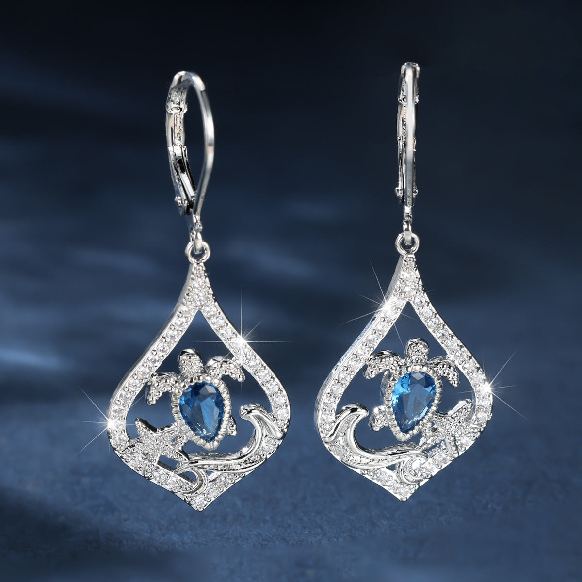 Blue Diamond Teardrop Turtle Earrings