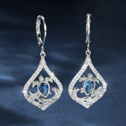 Blue Diamond Teardrop Turtle Earrings