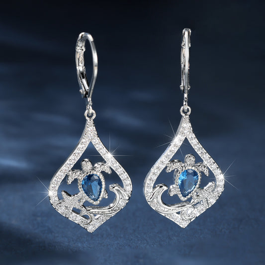 Blue Diamond Teardrop Turtle Earrings