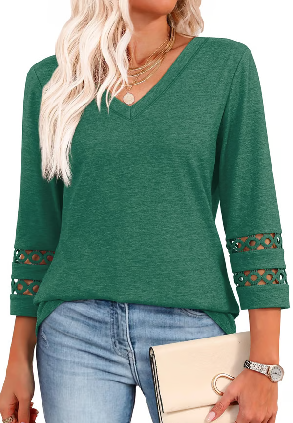 2025 New Womens 3/4 Length Sleeve Tops Trendy V Neck T Shirts