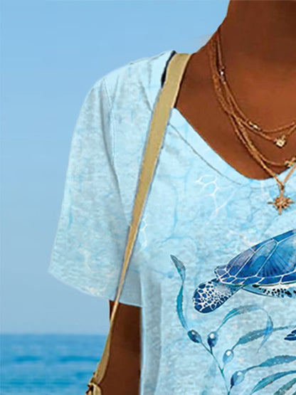 Women's Hawaiian Sea Turtle Vacation Print Casual V-Neck T-Shirt