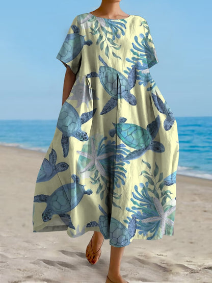 Women's Hawaiian Turtle Print Casual Resort Dress (With Pockets)