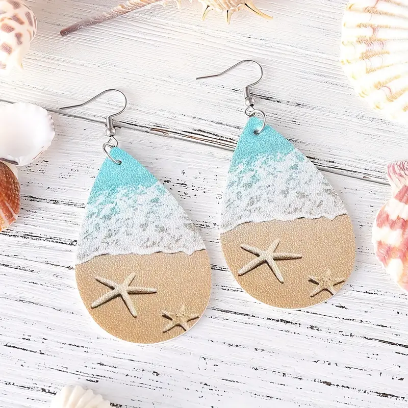 Vacation Ocean Beach Sea Wave Starfish Ladies PU Double-sided Water Drop Dangle Earrings