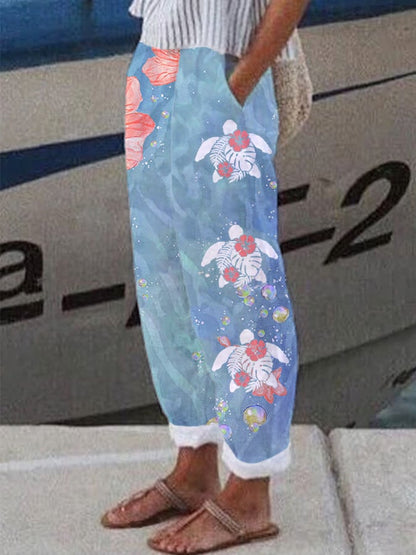 Women's Maui Hibiscus Turtle Print Casual Cotton & Linen Lounge Pants