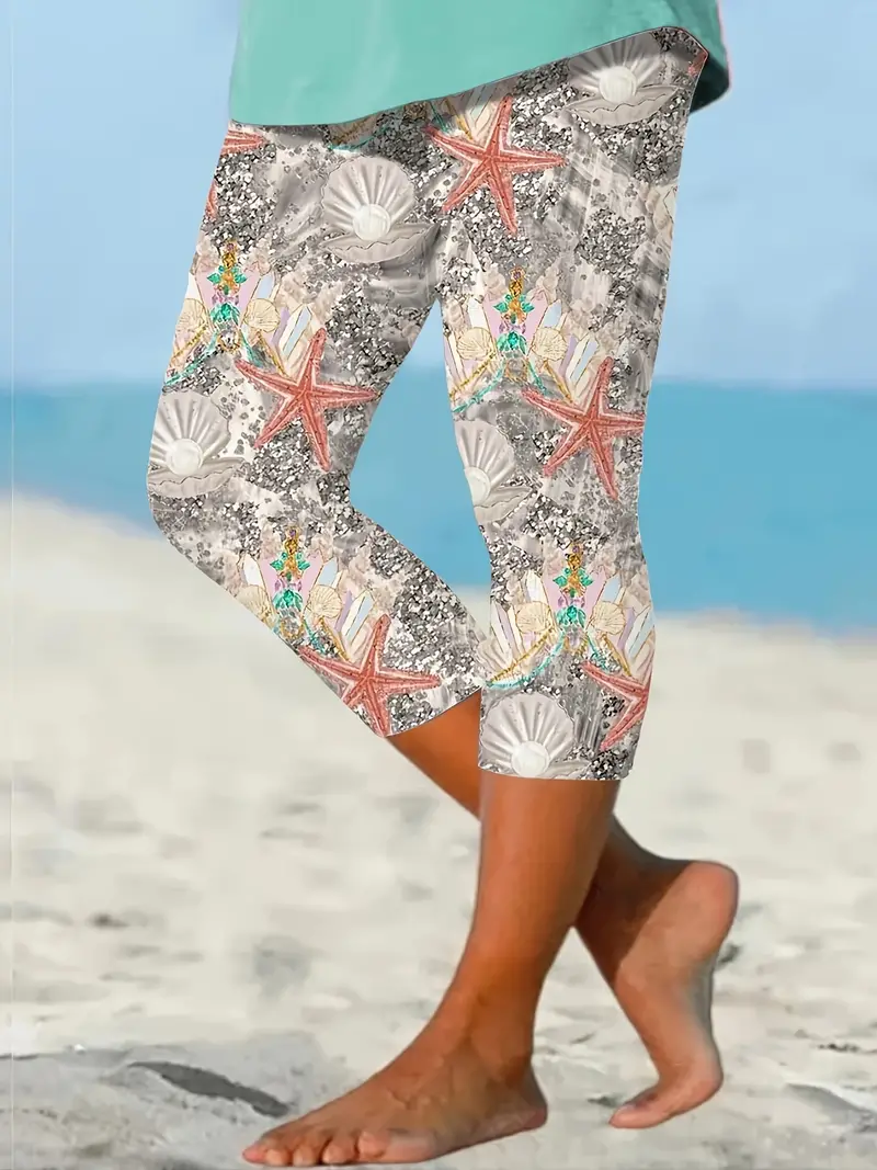 Plus Size Starfish Print Capri Leggings