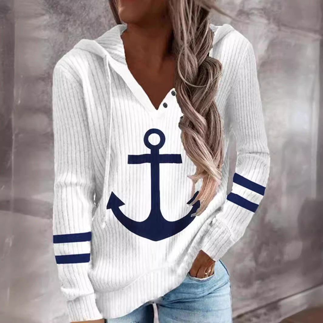 Anchor Print Button Hoodie