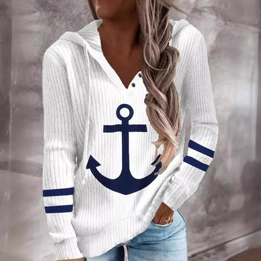 Anchor Print Button Hoodie