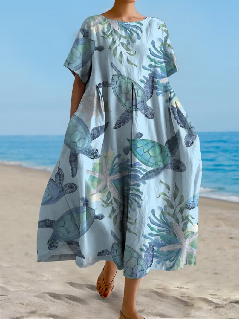 Women's Hawaiian Turtle Print Casual Resort Dress (With Pockets)