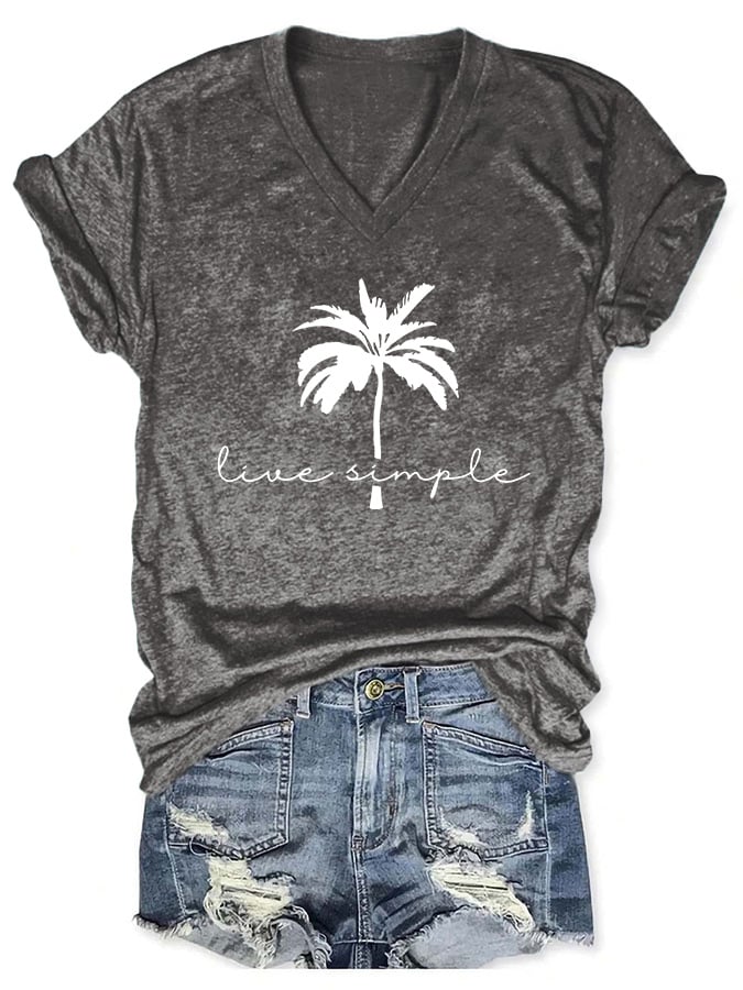 V-neck Beach Trip Palm Tree Live Simple Print T-Shirt