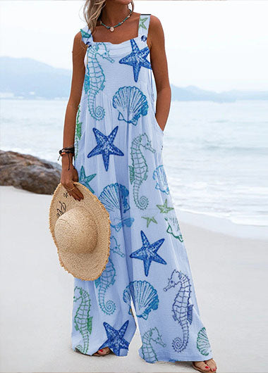 Women's Resort Style Ocean Sea Star Split Joint Square Collar Beach Linen Fabric Jumpsuits