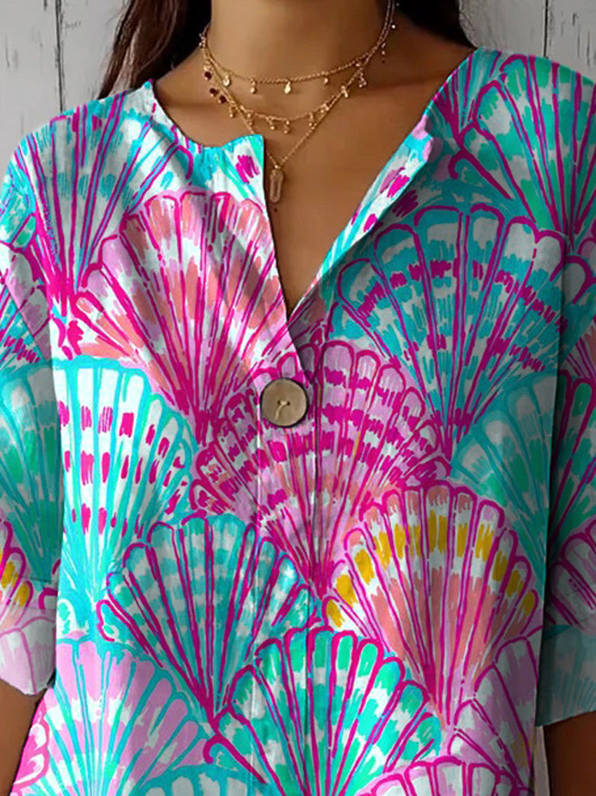 Colorful Sea Shell Pattern Printed Women's Casual Cotton Linen Shirt