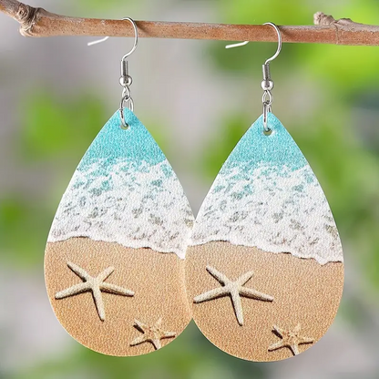 Vacation Ocean Beach Sea Wave Starfish Ladies PU Double-sided Water Drop Dangle Earrings