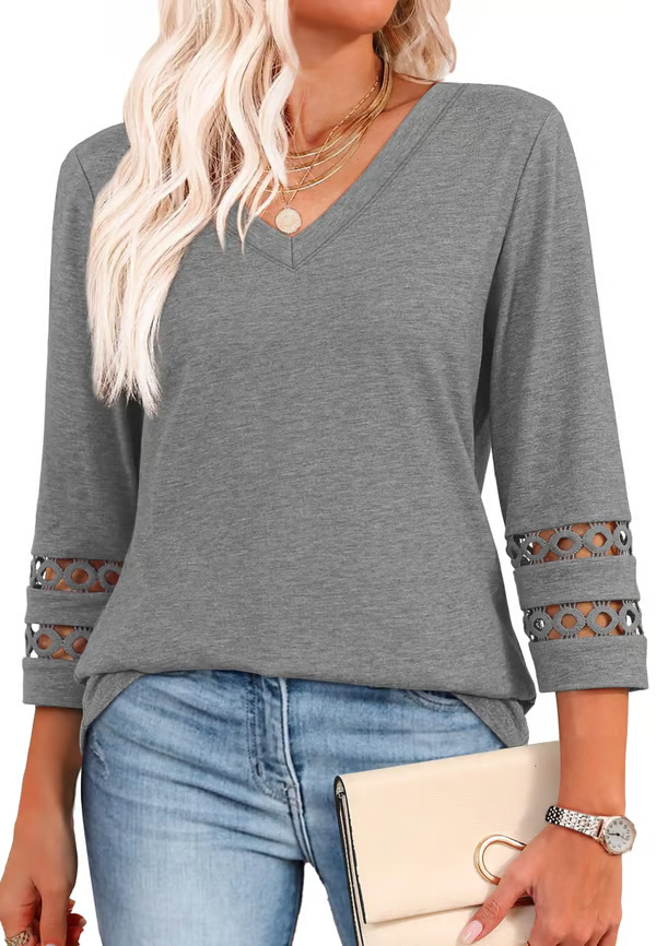 2025 New Womens 3/4 Length Sleeve Tops Trendy V Neck T Shirts