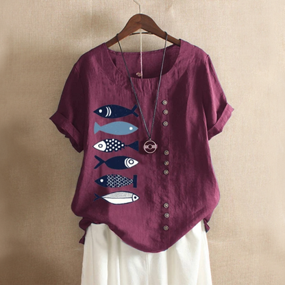 Cartoon Fish Print Summer Blouse