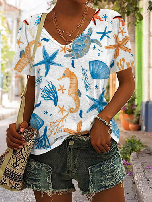 Women's Hawaiian Turtle Print Casual V-Neck T-Shirt