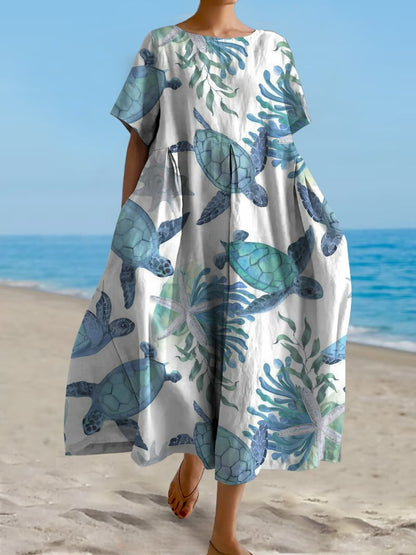 Women's Hawaiian Turtle Print Casual Resort Dress (With Pockets)