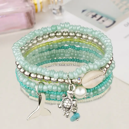 Ocean Style Small Whale Turtle Pendant Glass Beads Multilayer Shell Stacking Bracelet
