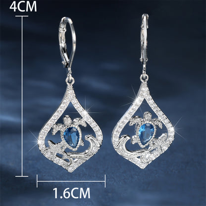 Blue Diamond Teardrop Turtle Earrings