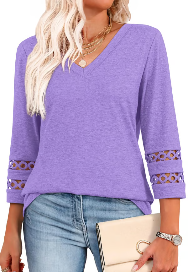 2025 New Womens 3/4 Length Sleeve Tops Trendy V Neck T Shirts