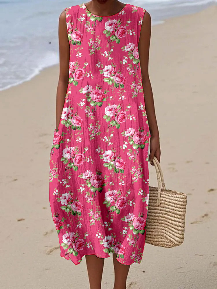 Women's Rose Pattern Print Sleeveless Cotton Pocket Wrap Dress