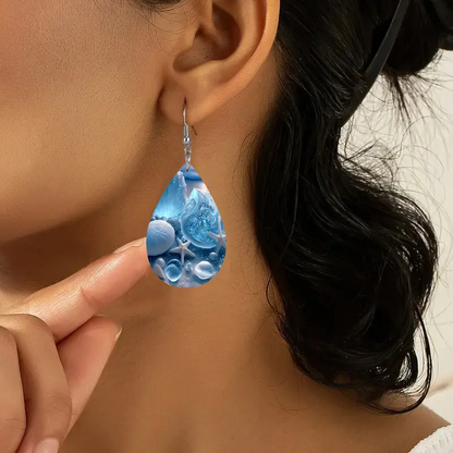 Droplet Shape Fantasy Blue Shell Starfish Pattern Dangle Earrings