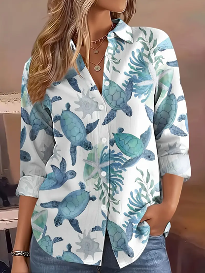 Women'S Vintage-Inspired Turtle Print Casual Button-Up Shirt - Long Sleeve