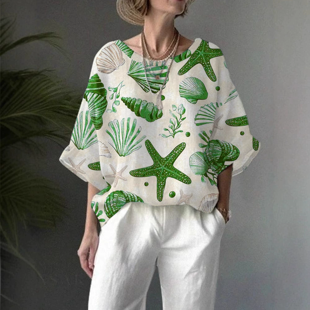 Women'S Casual Loose Underwater World Starfish Print Pattern Half-Sleeve Round Neck Top