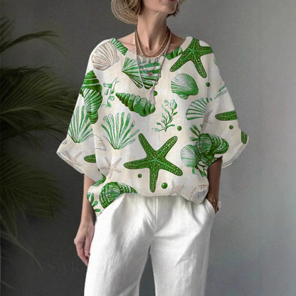 Women'S Casual Loose Underwater World Starfish Print Pattern Half-Sleeve Round Neck Top