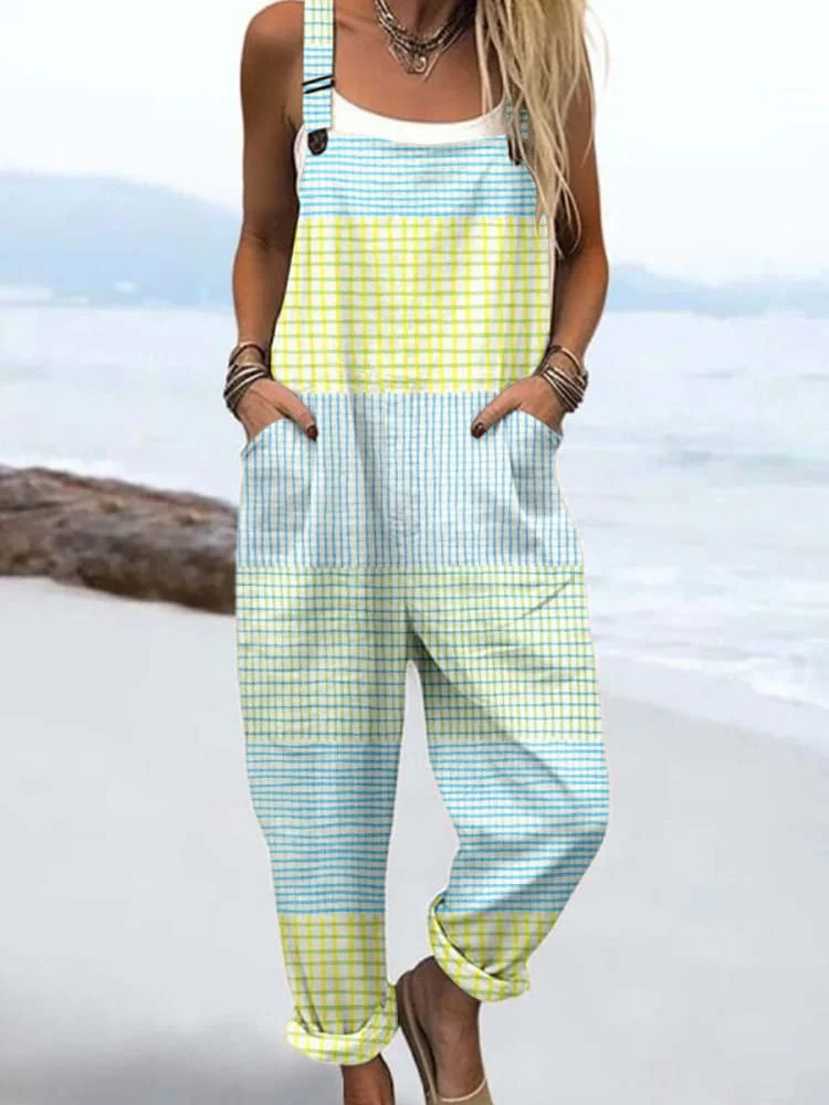 Women'S Holiday Style Seaside Fresh Striped Print Casual Cotton Wide-Leg Jumpsuit