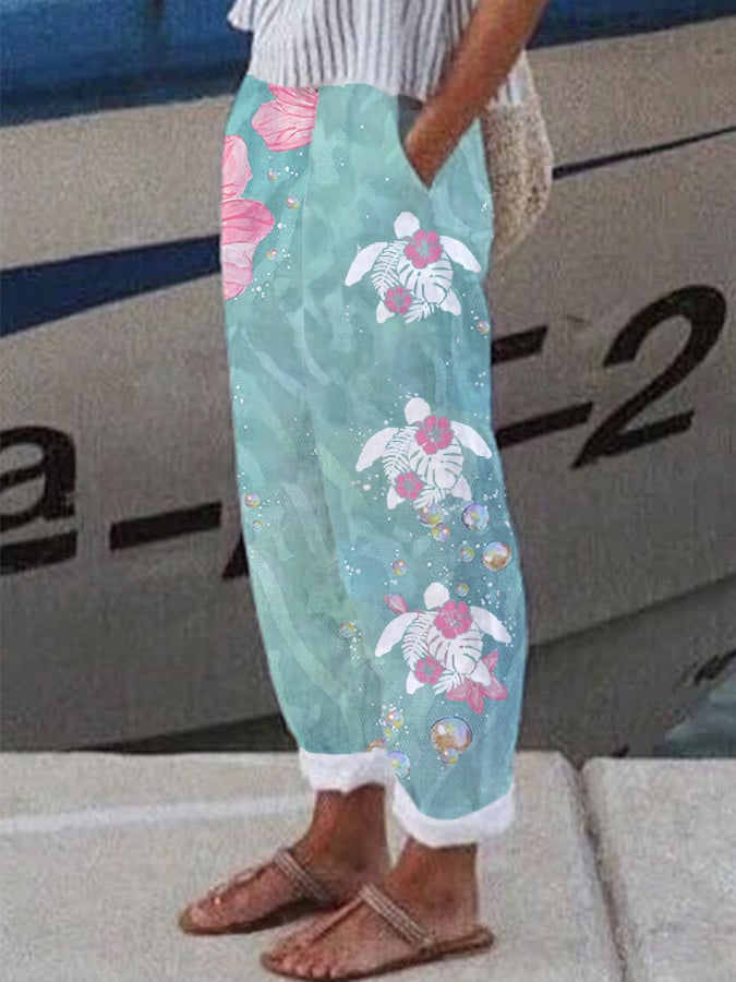 Women's Maui Hibiscus Turtle Print Casual Cotton & Linen Lounge Pants