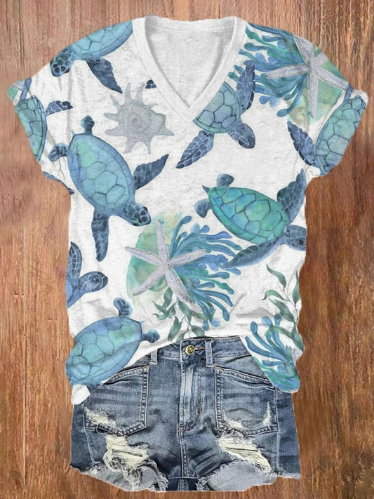 🔥Buy 3 Get 10% Off🔥Women's Hawaiian Turtle Print Casual V-Neck T-Shirt